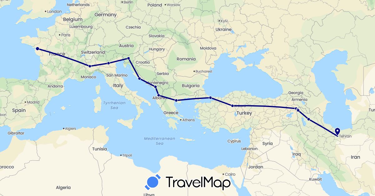TravelMap itinerary: driving in Albania, France, Greece, Croatia, Iran, Italy, Montenegro, Slovenia, Turkey (Asia, Europe)